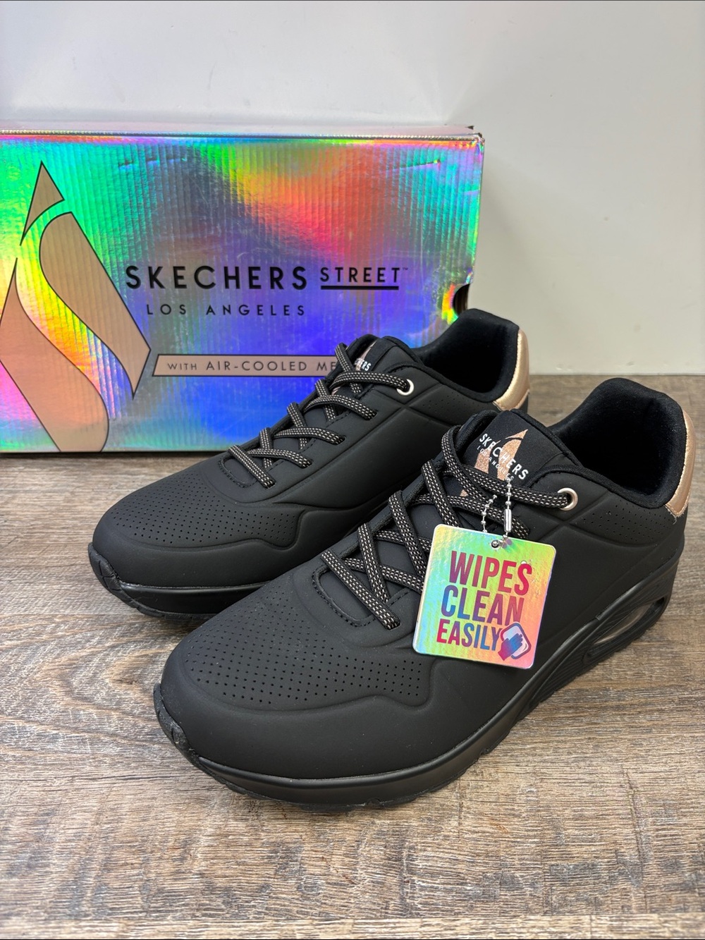 Skechers Street Los Angeles Uno-Shimmer Away Sneakers Women’s 10 Black Rose Gold